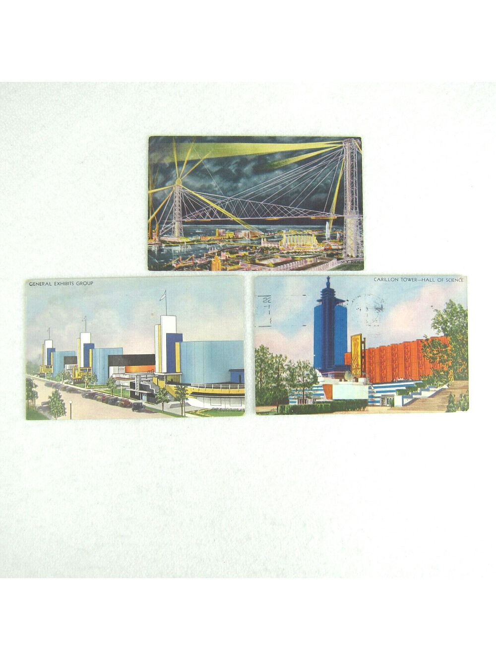 1933 Chicago Worlds Fair 3 Postcards Sky Ride Night Carillon Hall Science Gen Ex